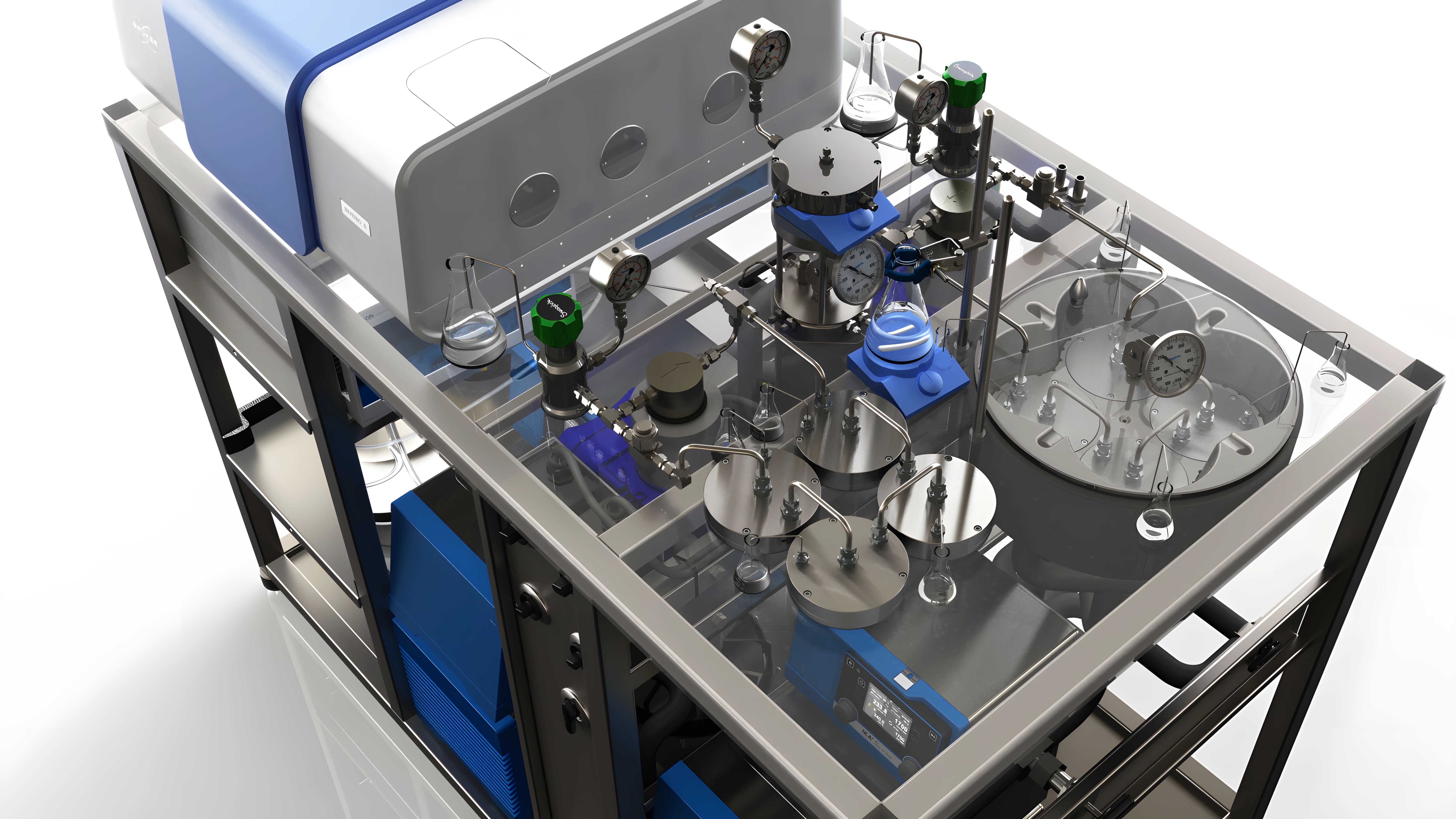 Top-down render of the cascaded stainless-steel nanofiltration rig, showing modular filtration stages and manifold connections.