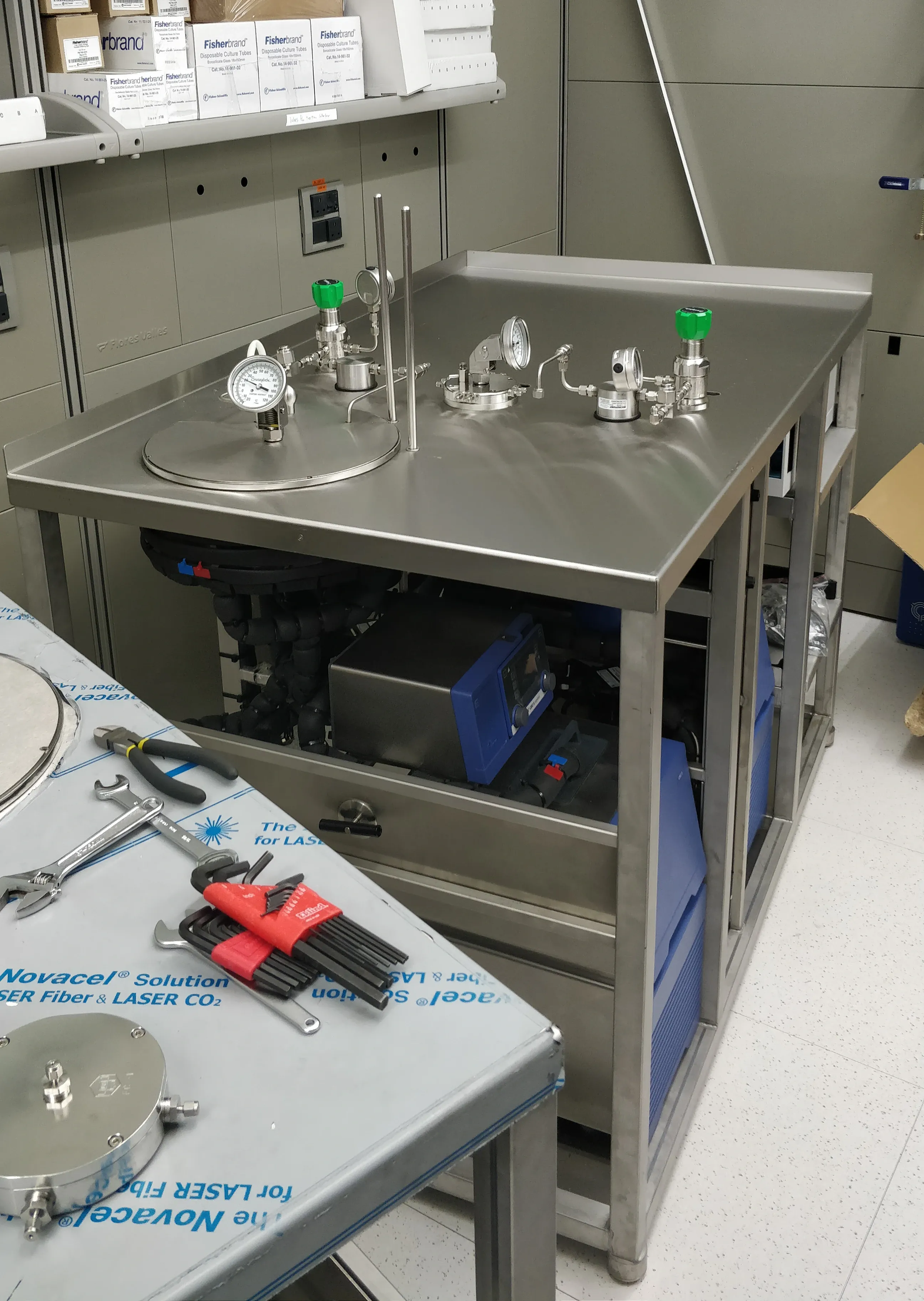 The nanofiltration research platform unpacked and laid out at the destination lab, prior to installation and handover.