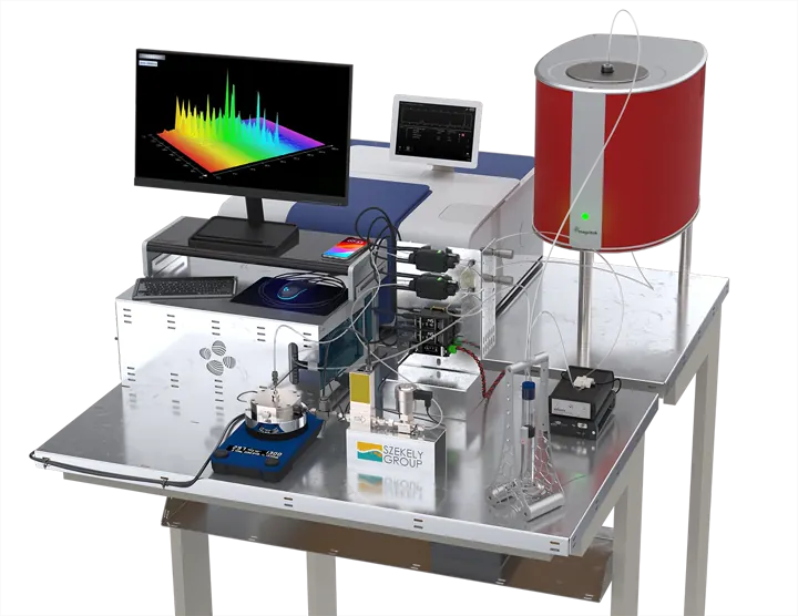 Rendered PAT reaction-separation rig with tabletop equipment, display, tubing, and cylindrical module.