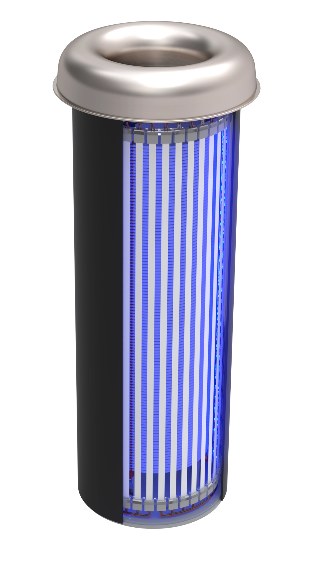 Photoreactor system render showing a technical flow-reactor assembly with tubing, fittings, and instrumentation.