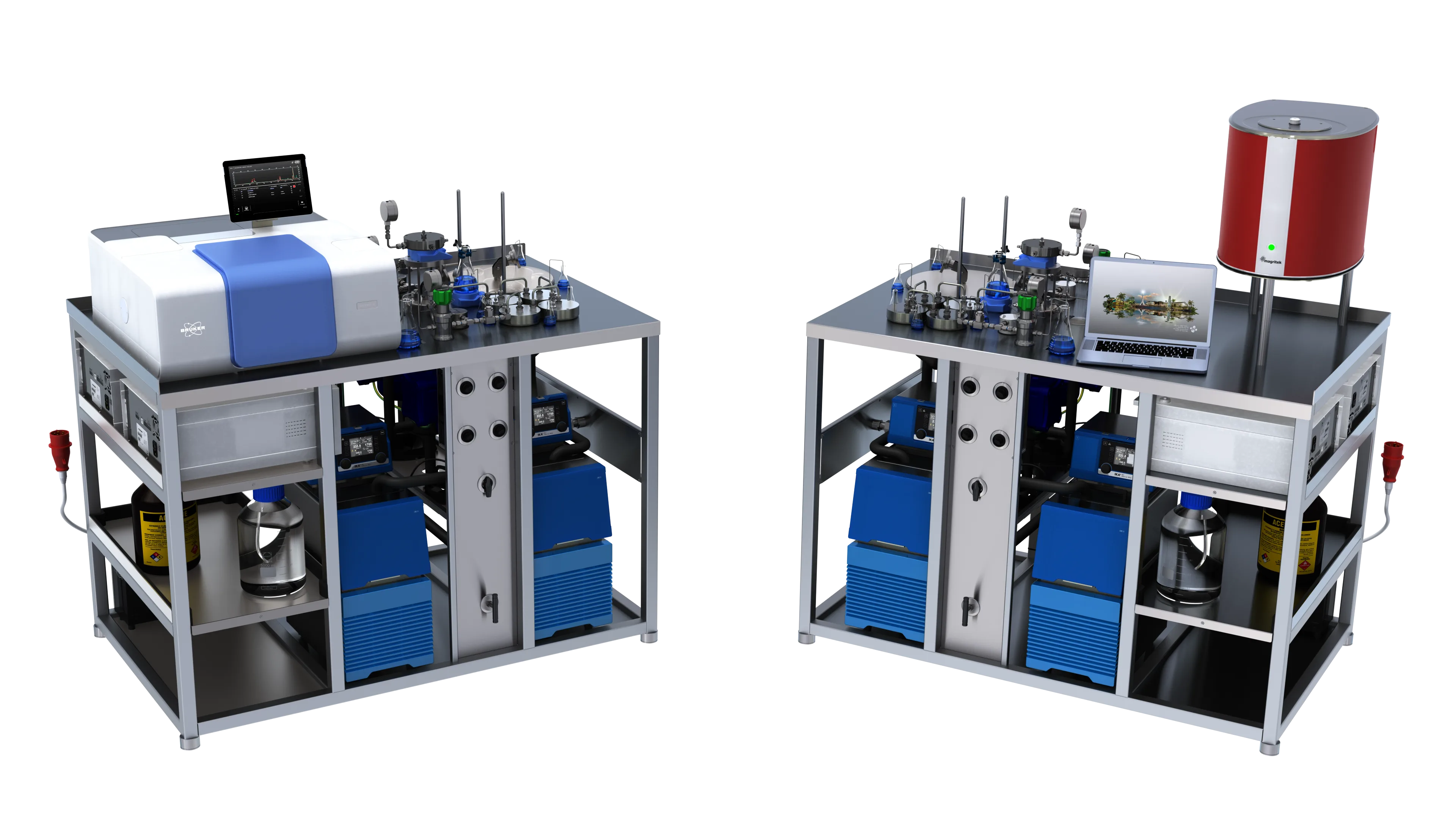 Pilot-scale nanofiltration research platform render with lab benches, instruments, pumps, tubing, and stainless frames.