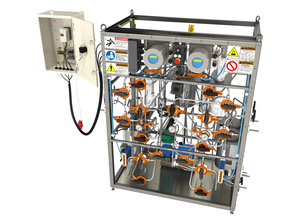 Modular stainless-steel nanofiltration rig render with valves, gauges, control cabinet, and serviceable frame.