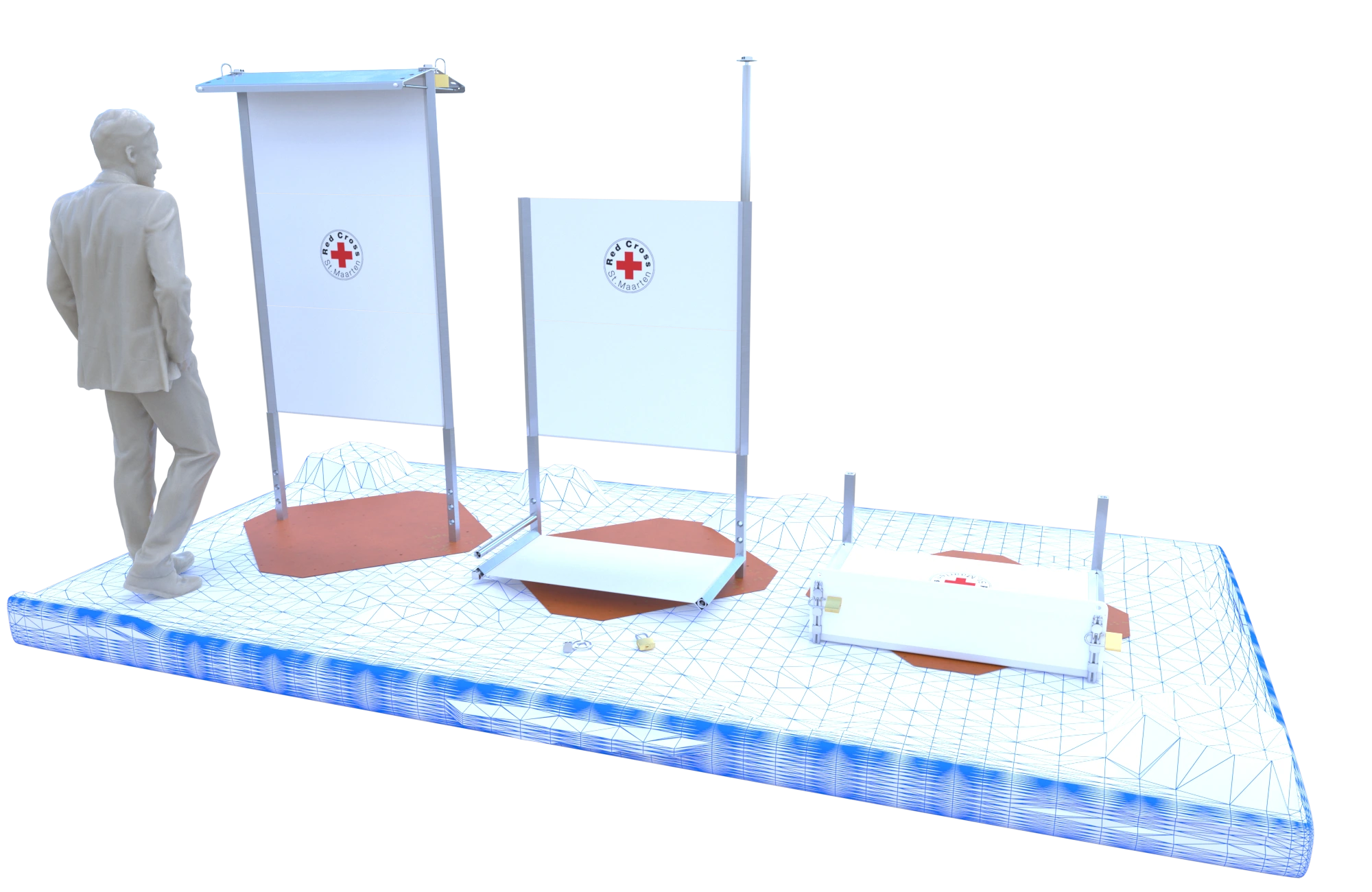 Collapsible public display boards render with folded panels, base plates, and Red Cross St Maarten branding.